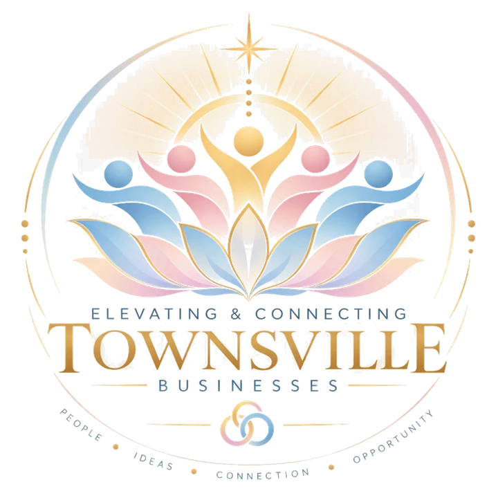 The Elevating & Connecting Townsville Businesses logo: people rising from a lotus of blue, pink and gold petals under a gold sun
